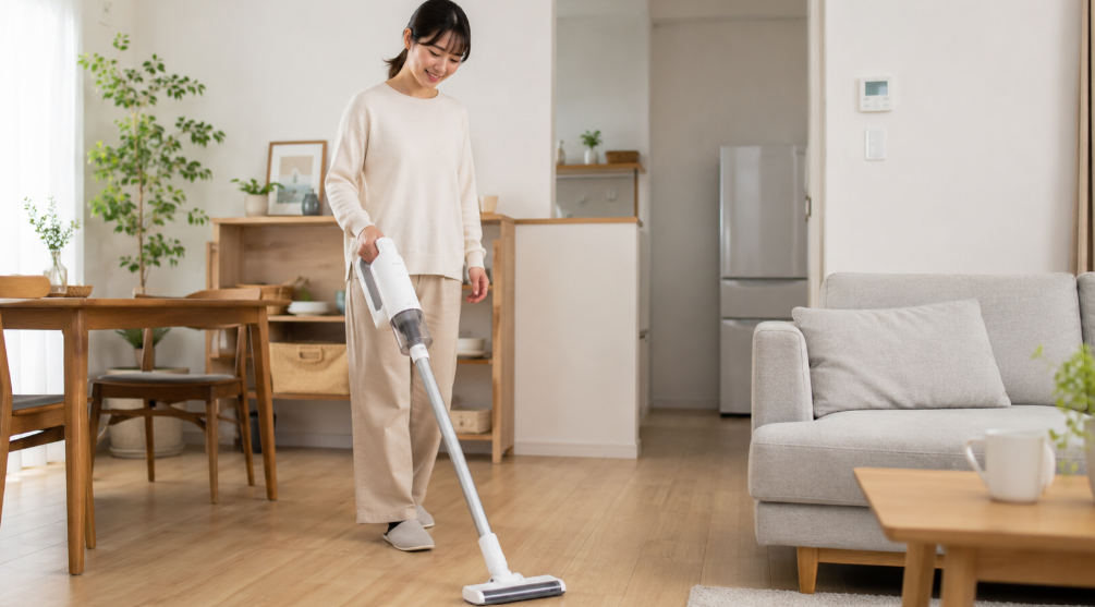 日本人女性が軽量コードレス掃除機でリビングを掃除する様子。EC-AR11の軽さと使いやすさを伝える画像。