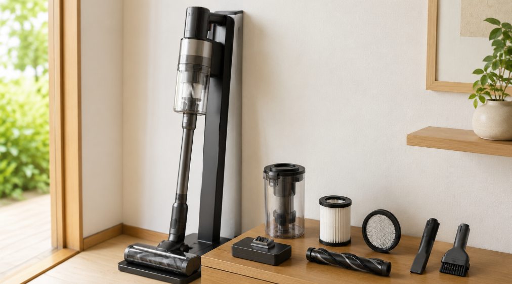 コードレス掃除機のダストカップやフィルター、ブラシ、付属ノズルを並べたお手入れイメージ。