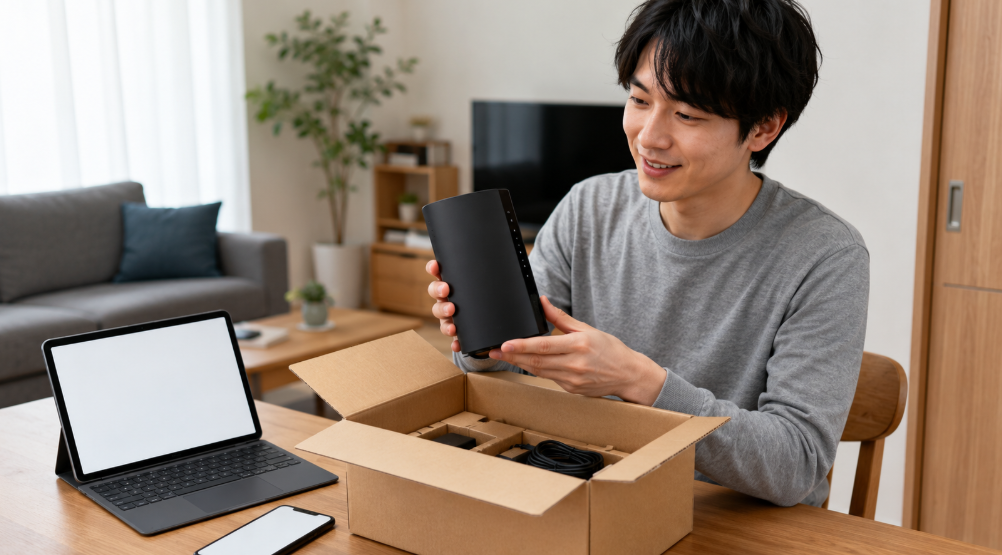 AM-19000T12BEをネット通販で購入し、自宅でWi-Fi 7ルーターを開封しているイメージ。