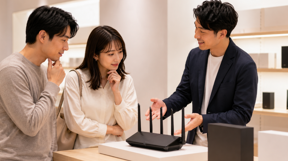 PA-19000T12BEを家電量販店で相談しながら選ぶ日本人客とスタッフのイメージ。