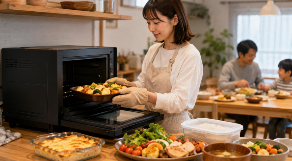 ER-D70Aで家族分の料理や作り置きを温める様子を表した、調理重視向けオーブンレンジのイメージ