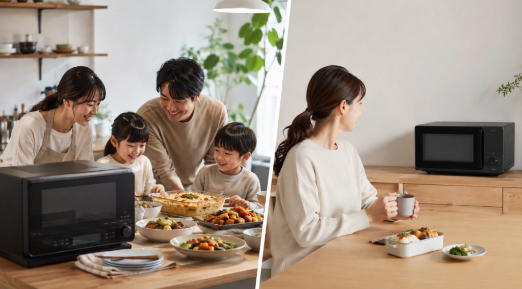 家族向けのER-D70Aと一人暮らし向けのCF-EA181を生活シーンで比較するオーブンレンジ選びのイメージ