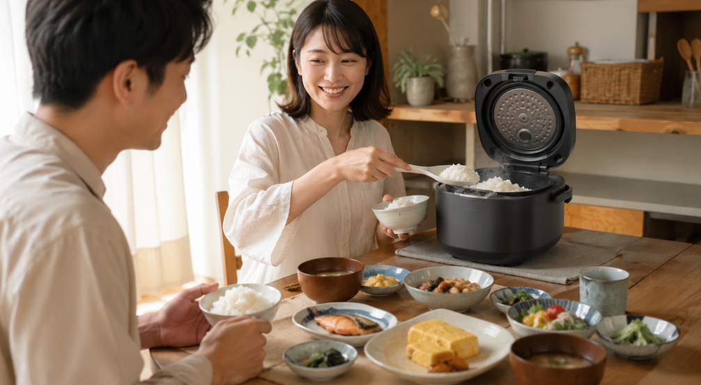 炊飯器で炊いたご飯を食卓でよそう日本の家庭の食事風景