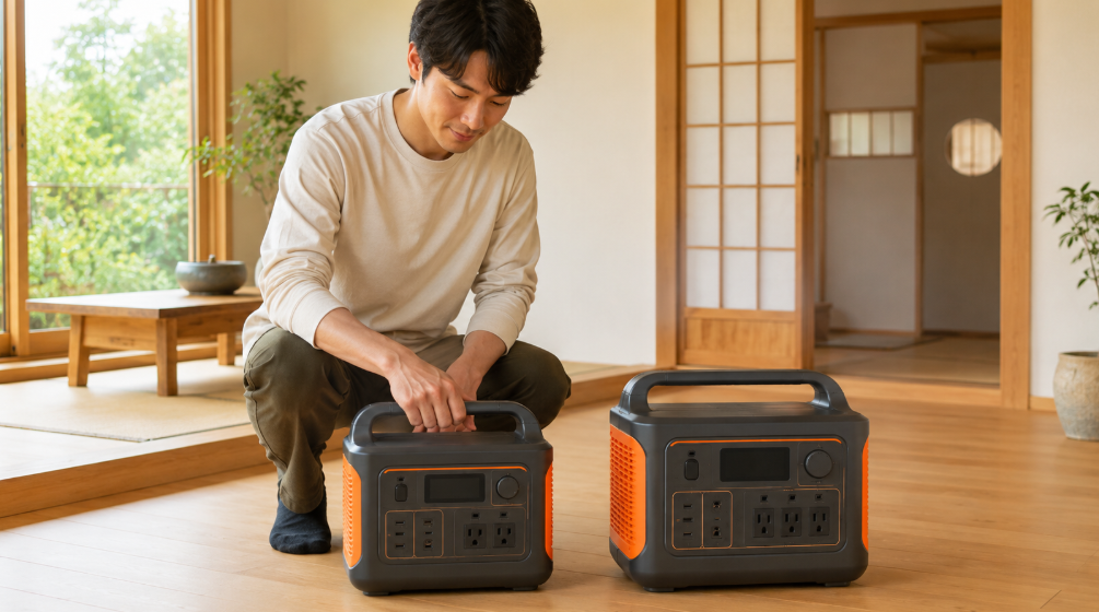 Jackery 1500 Newの軽量性と2000 Newとのサイズ差を比較する室内イメージ