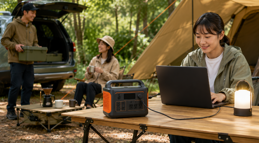 Jackery 1500 Newをキャンプで使いノートパソコンやランタンに給電するアウトドアイメージ