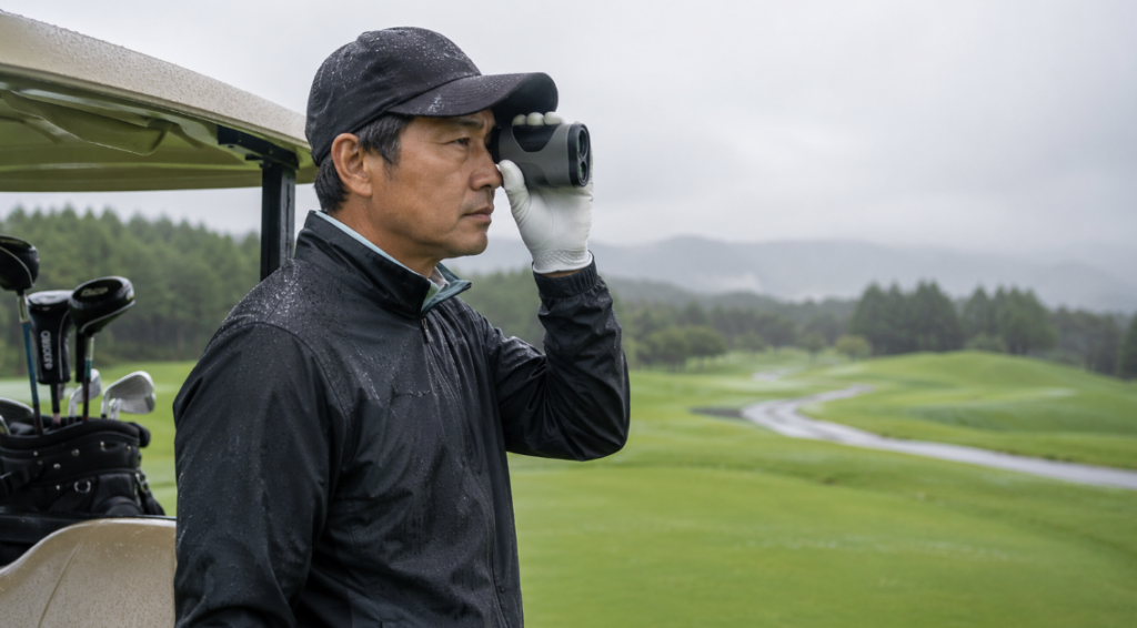雨のゴルフ場で防水対応のレーザー距離計を使用する日本人ゴルファー