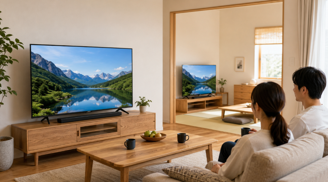 リビング用と別室用の4Kテレビを比較し、M550SとM550Rの違いや選び方を検討する日本人夫婦
