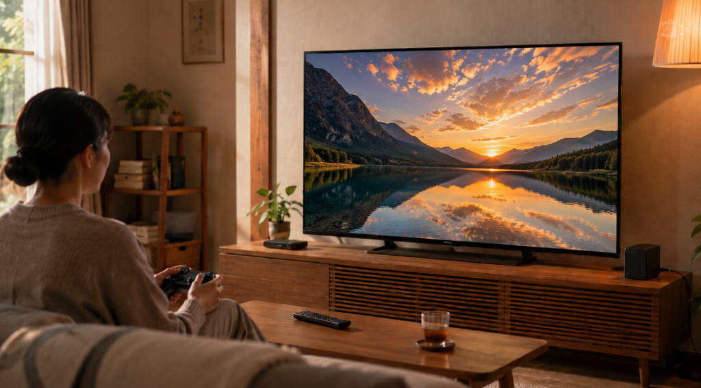 4Kテレビでゲームを楽しむ日本人女性と、M550S・M550R共通の録画・ゲーム機能をイメージしたリビング