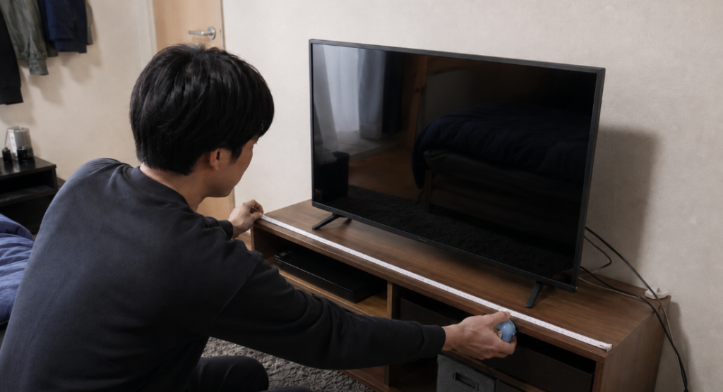 43V型テレビを設置する前にテレビ台の幅を測り、M550SとM550Rの設置スペースを確認する日本人男性