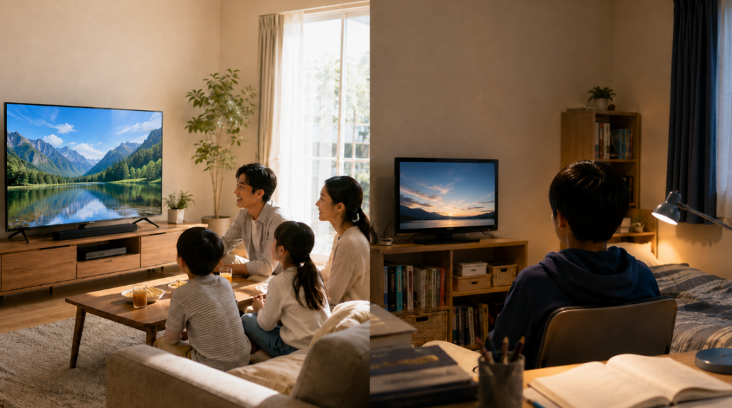 リビングで大型テレビを見る日本人家族と寝室でテレビを見る人物を対比した、M550SとM550Rの選び方
