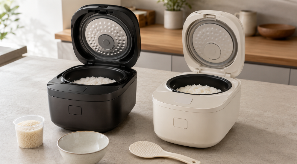 炊き上がったご飯が入った2台の炊飯器を並べたNX-AB10とNW-NB10の比較イメージ