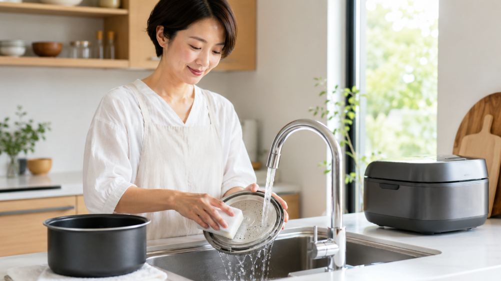 炊飯器の内ぶたをスポンジで洗う女性と取り外した内釜