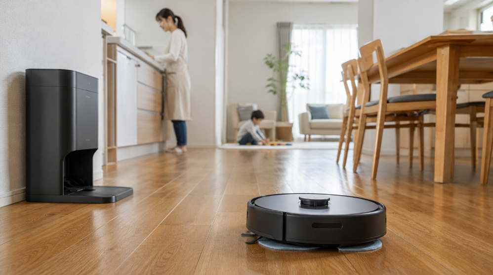 キッチンとリビングのフローリングを水拭きするOmni E25向けロボット掃除機の使用イメージ