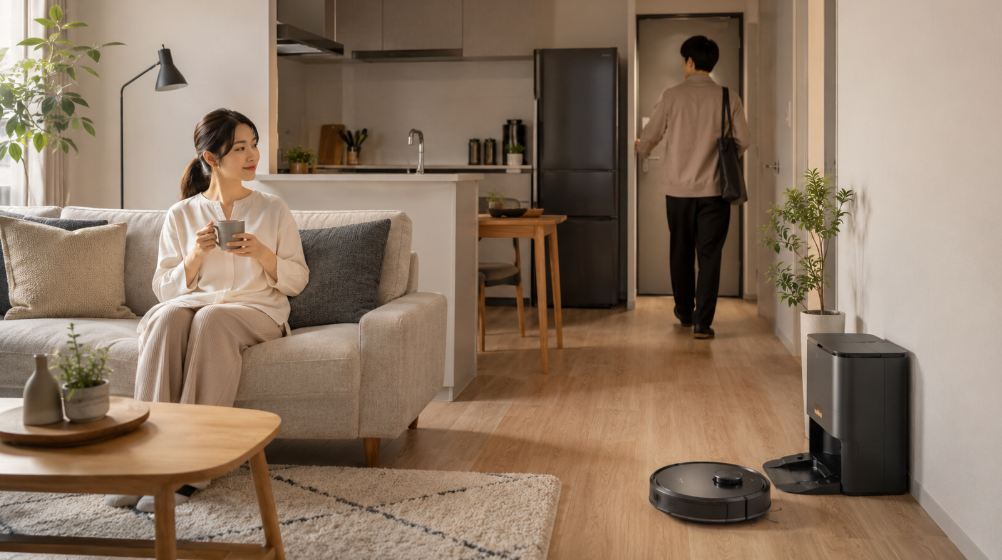 コンパクトなマンションでロボット掃除機を使うOmni C28向け一人暮らしの生活イメージ