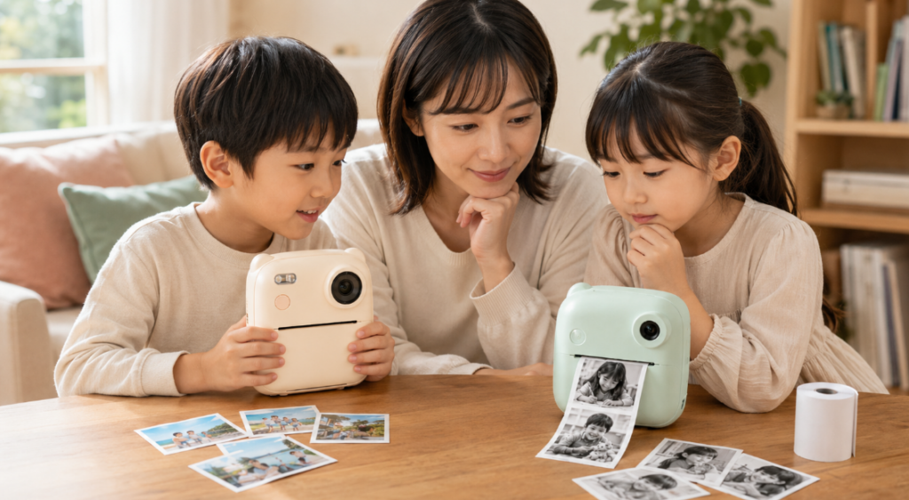 親子でmyFirst Insta LuxとCamera Insta 2の印刷写真を見比べる様子