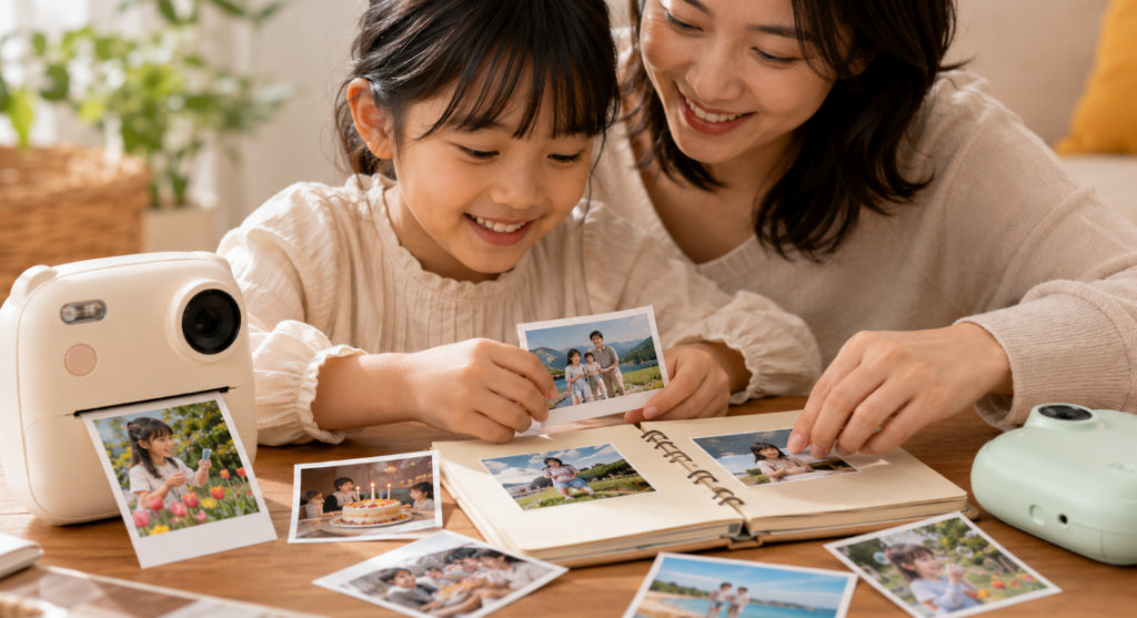 myFirst Insta Luxで印刷したカラー写真を親子でアルバムに整理する様子