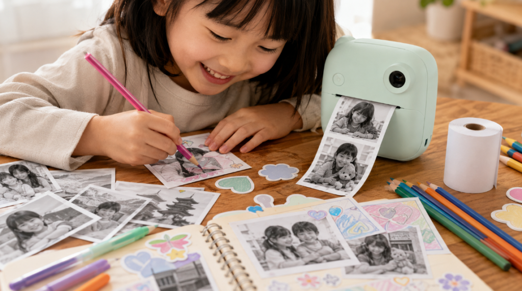 Camera Insta 2のモノクロ写真に色を塗り工作を楽しむ子ども