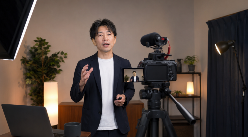 EOS R6 Vを想定した撮影機材で長時間動画を収録する日本人男性のワンオペ撮影風景