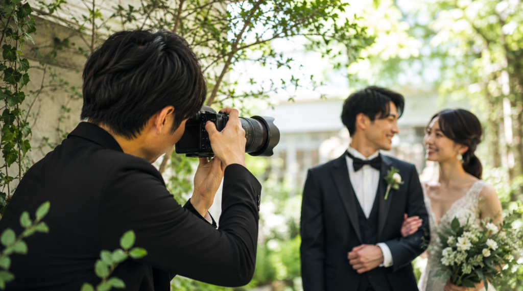 EVF搭載ミラーレスカメラで日本人の新郎新婦を撮影するウェディングフォトグラファー