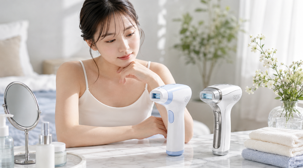 Pure IceとPure Switchを前に自分に合う光美容器を比較検討する日本人女性