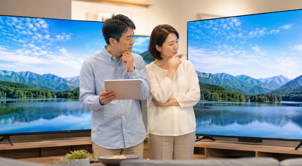 75W97Cと75W95Cをイメージした大型テレビを見比べる日本人夫婦