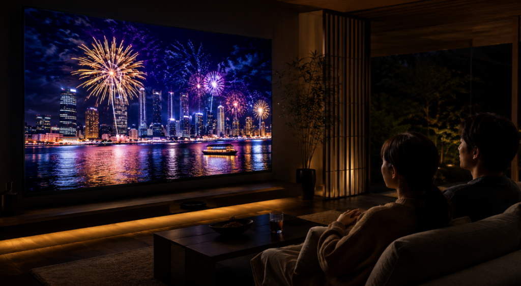 75インチMini LEDテレビで鮮やかな花火映像を楽しむ日本人夫婦