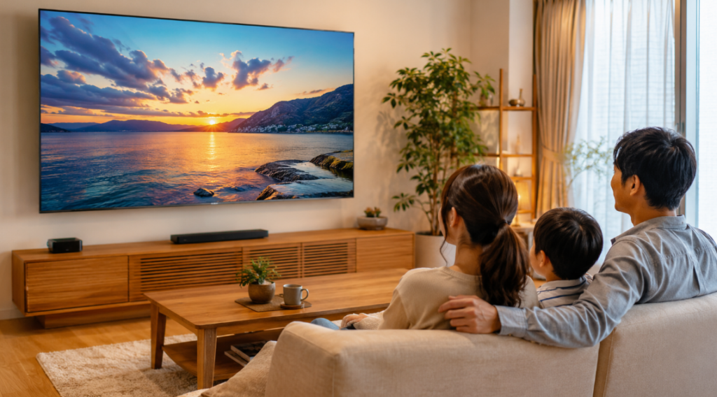 75インチ大画面テレビを明るいリビングで楽しむ日本人家族