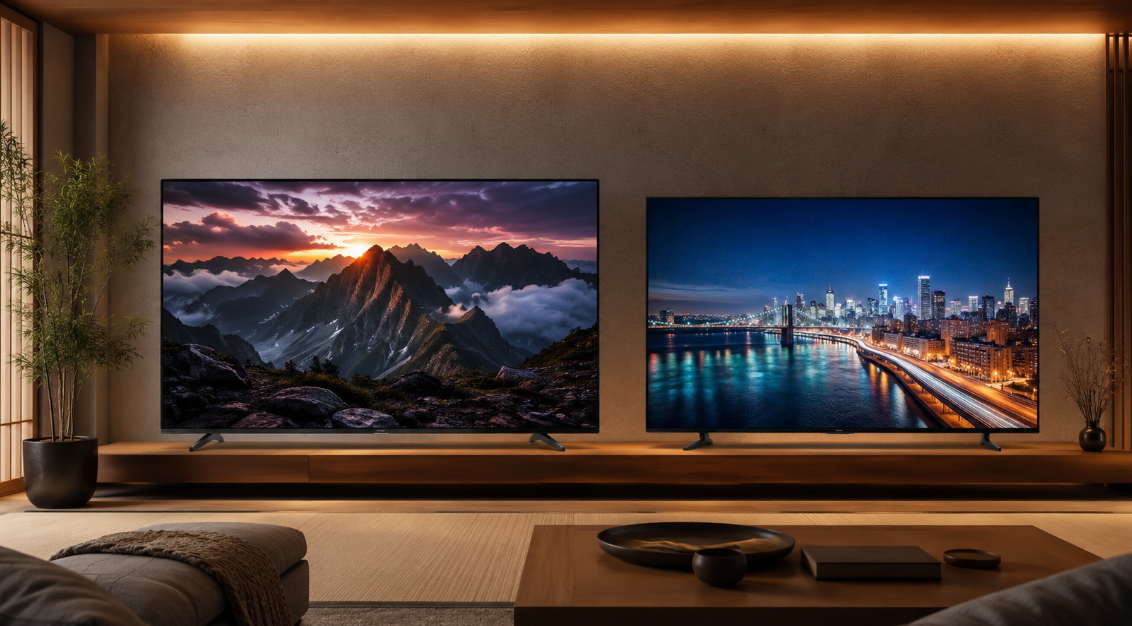 TV-65W97CとTV-65W95Cをイメージした2台の65インチMini LEDテレビ比較