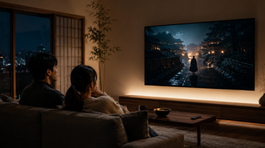 65インチテレビで映画を楽しむ日本人夫婦と臨場感のある夜のリビング