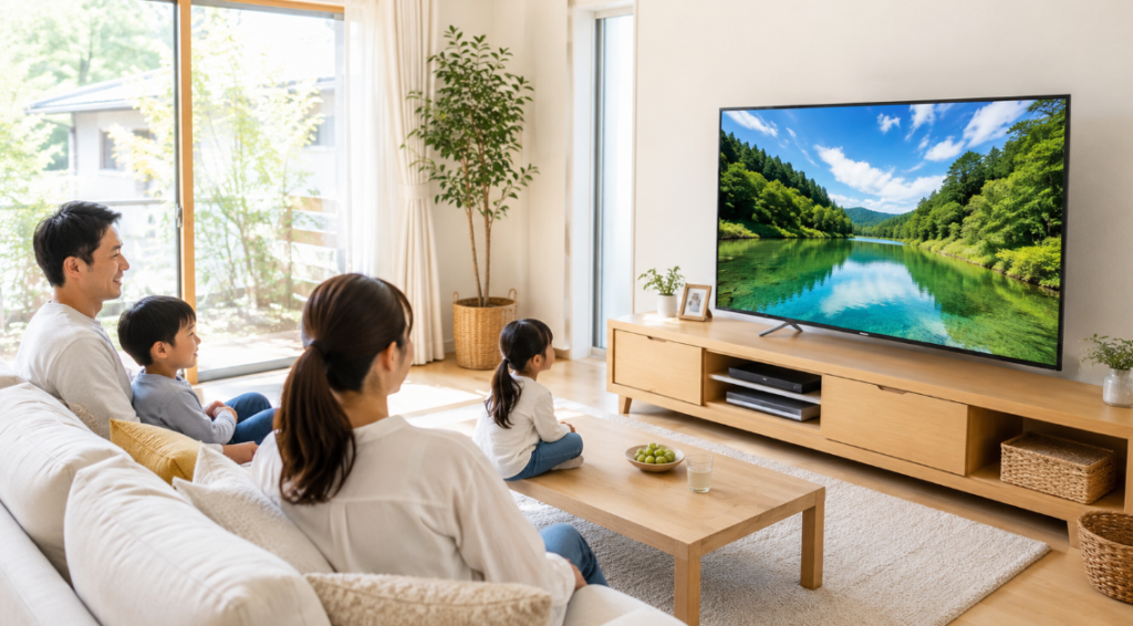 明るいリビングで65インチテレビを楽しむ日本人家族の普段使いイメージ
