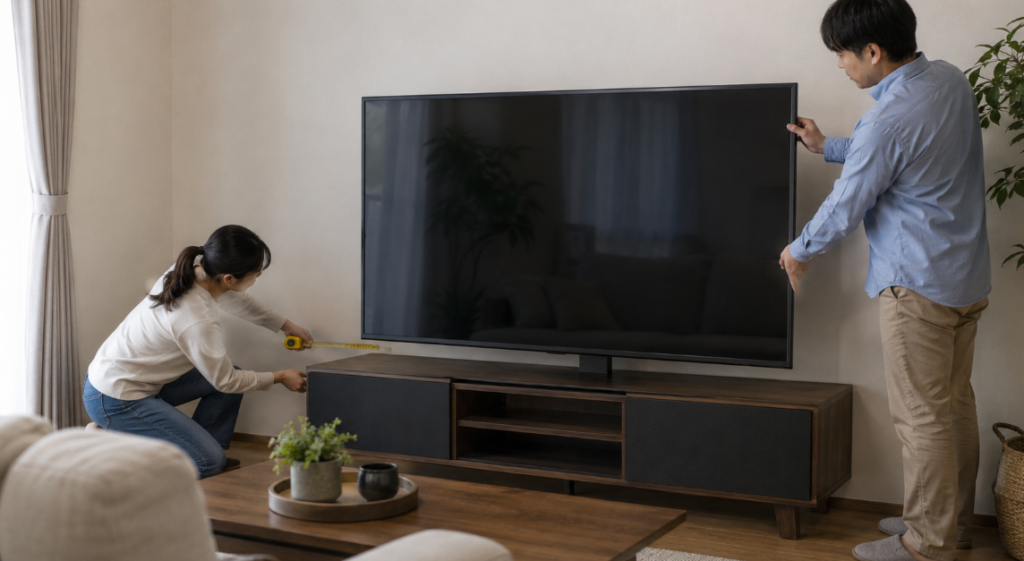 65インチテレビの設置スペースを測りながら搬入準備をする日本人男女