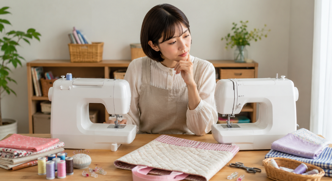MM-11とMM-10IIを前に、入園バッグ作りに適したミシンを比較する日本人女性