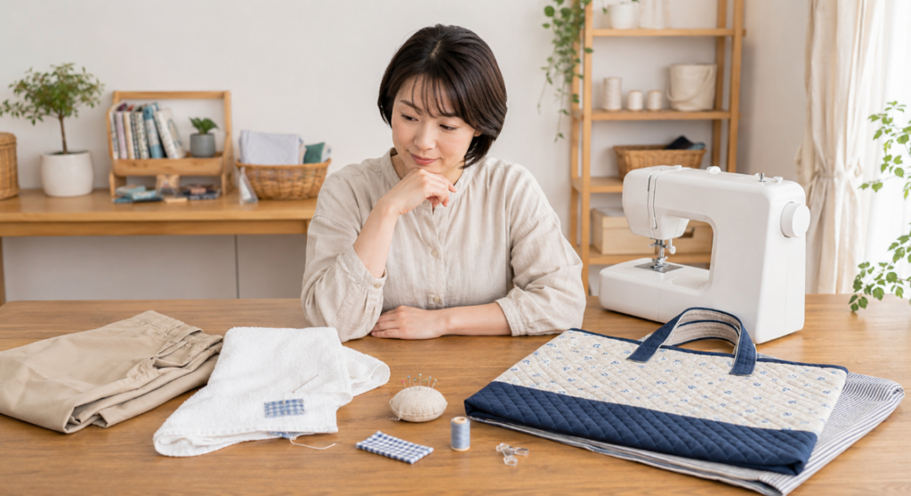 入園バッグや雑巾、裾上げする衣類を見ながら家庭用ミシンの用途を考える日本人女性