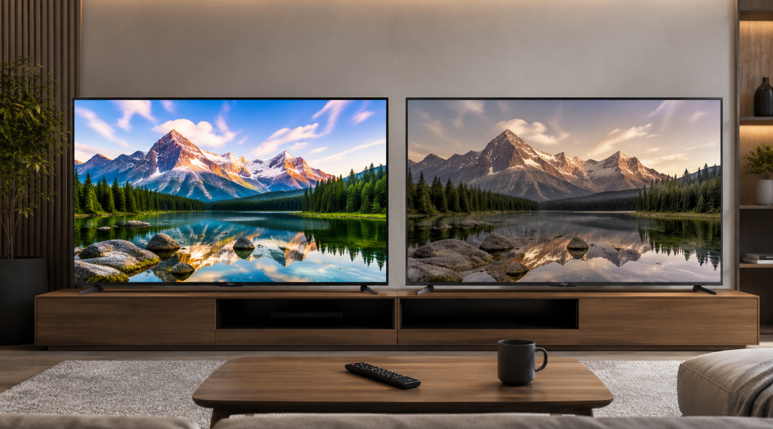 TV-50W95CとTV-50W95Bの画質を同じ映像で比較する2台の50V型4Kテレビ