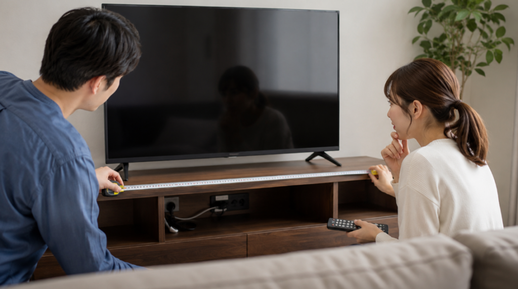 50V型テレビを設置する前にテレビ台の横幅を測る日本人の男女