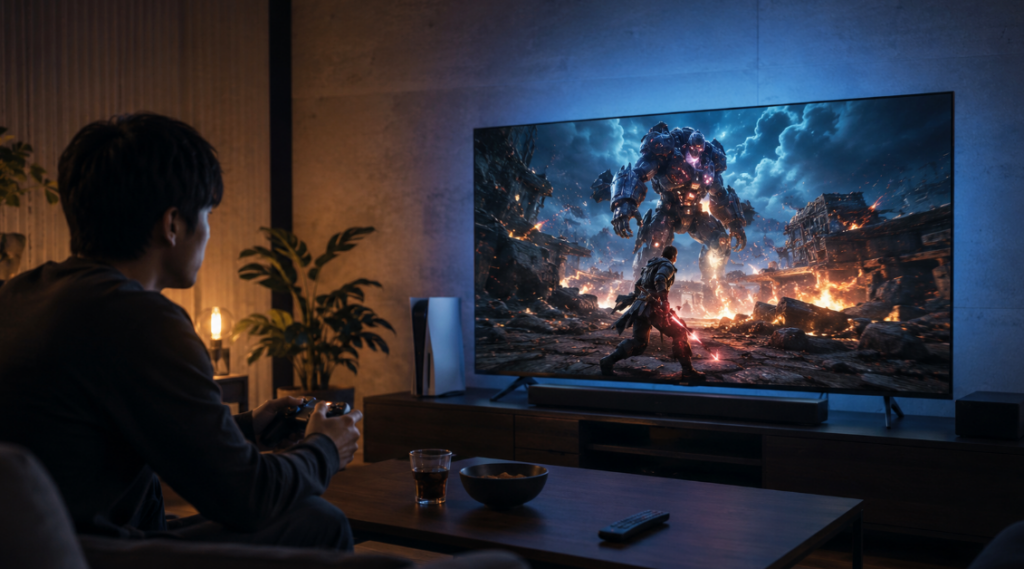 大画面4Kテレビとサウンドバーで高画質ゲームを楽しむ日本人男性
