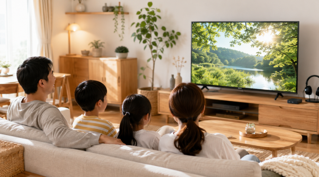 50V型テレビで映像を楽しむ日本人家族とBluetoothヘッドホンや接続機器