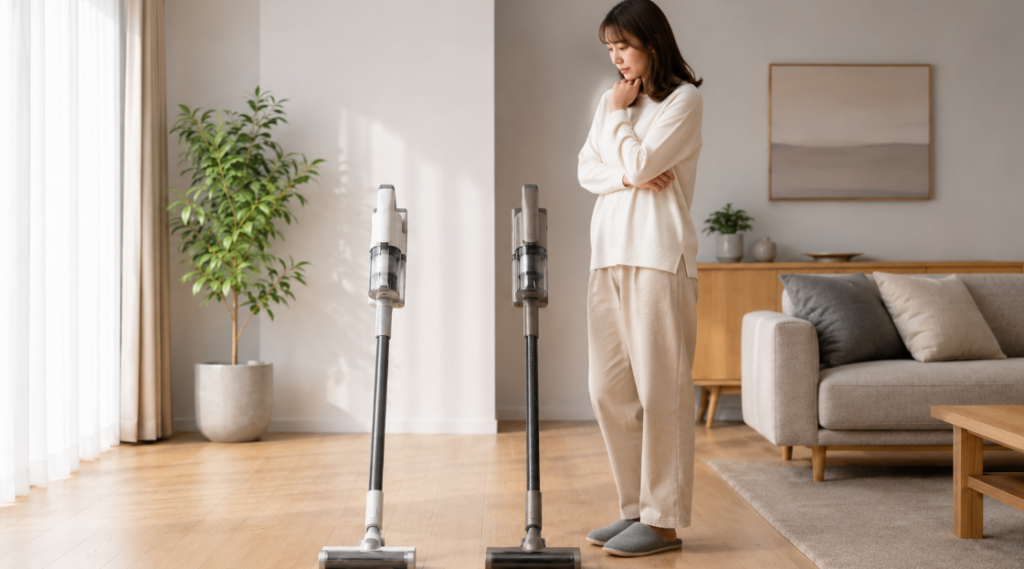 PV-BL3PとPV-BL3Mをイメージした2台の掃除機を比較して選ぶ日本人女性