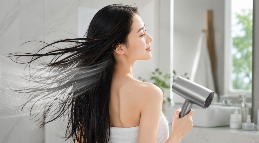 KINUJOドライヤーHP001の大風量で、濡れたロングヘアを乾かす日本人女性