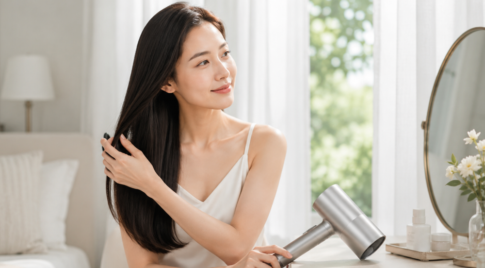 KINUJOドライヤーHP001使用後の、まとまりとツヤのあるロングヘア
