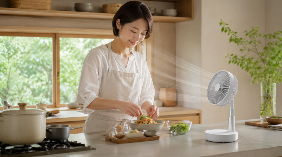 キッチンで料理中の暑さ対策にAirdog The Fan portableを使う女性