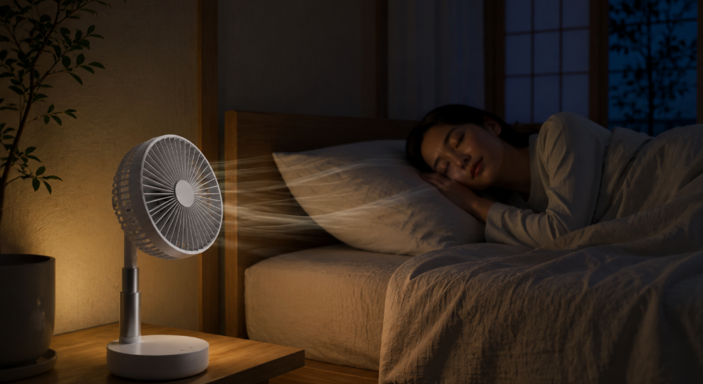 寝室でやさしい風を送るAirdog The Fan portableと就寝中の女性