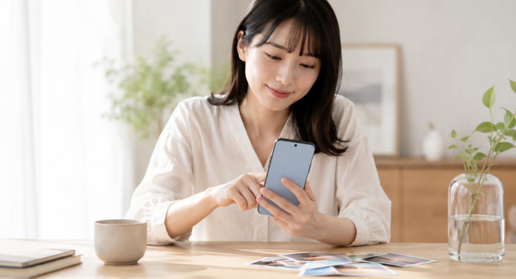 明るい室内でGoogle Pixel 10aを使い、写真を整理する日本人女性のイメージ