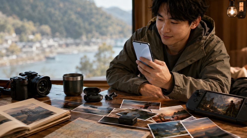 旅行先でGoogle Pixel 10aと写真、ゲーム、音楽を楽しむ日本人男性のイメージ