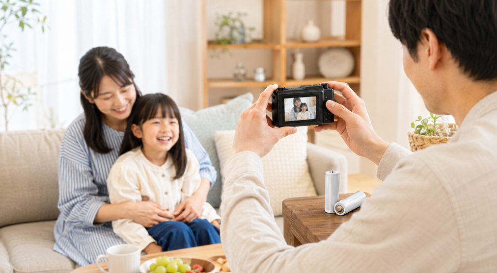 単3形電池式のコンパクトカメラで家族を撮影する日本人男性