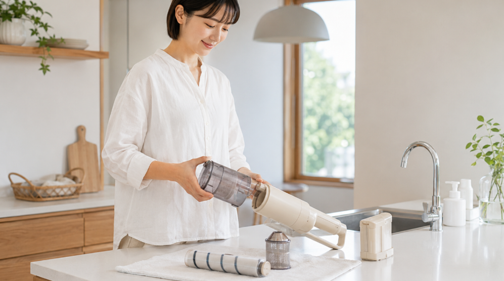VC-CLW34のダストカップや回転ブラシを取り外して手入れする日本人女性
