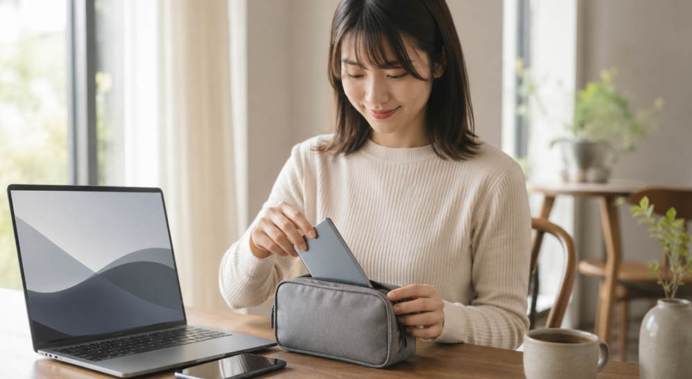 薄型ポータブルSSDを収納ポーチに入れて持ち運ぶ日本人女性