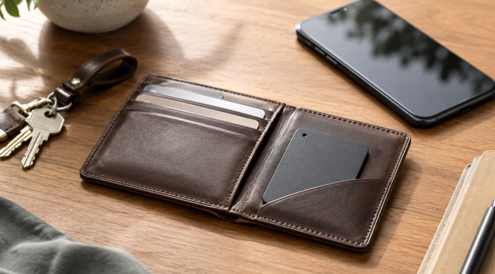 Eufy SmartTrack Card E40を収納した薄型財布とスマートフォン、鍵を並べた使用イメージ