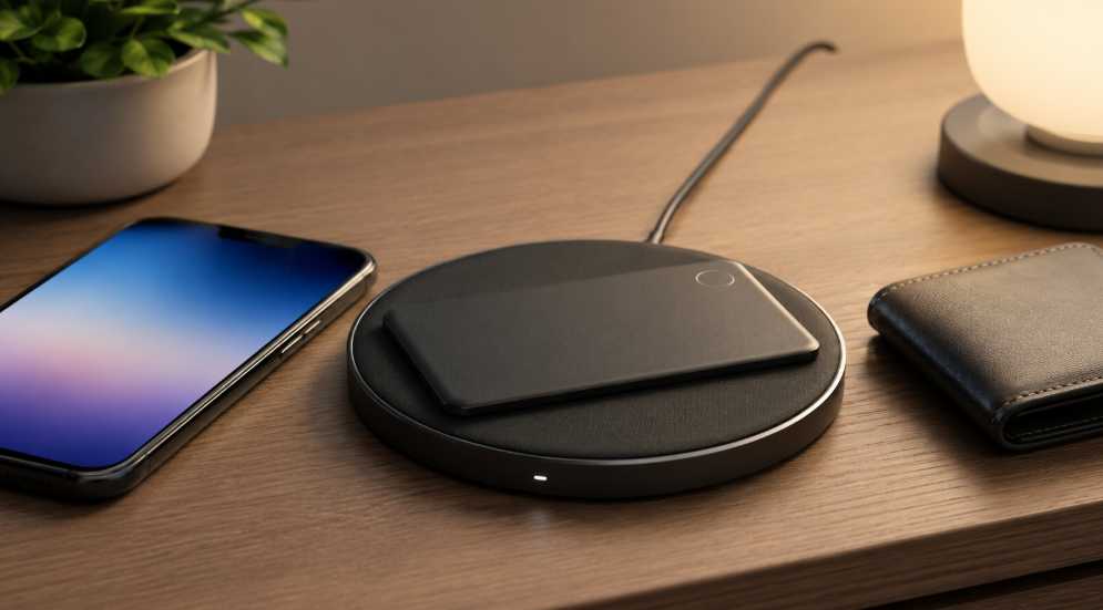 Eufy SmartTrack Card E40をワイヤレス充電器で充電しているイメージ