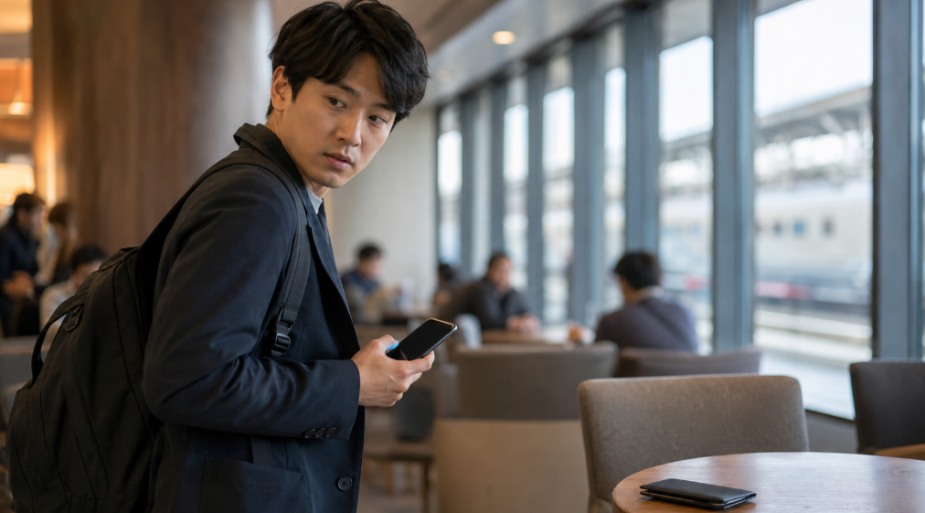 駅の待合スペースで財布の置き忘れに気づき、振り返る日本人男性